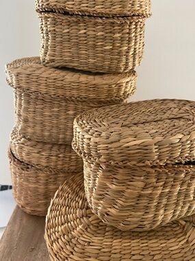 Vintage Wicker Nesting Basket Set With Lids Rustic Primitive Woven Storage